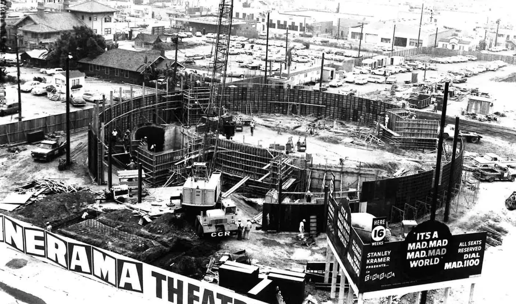 Historic black and white photo of Cinerama building construction