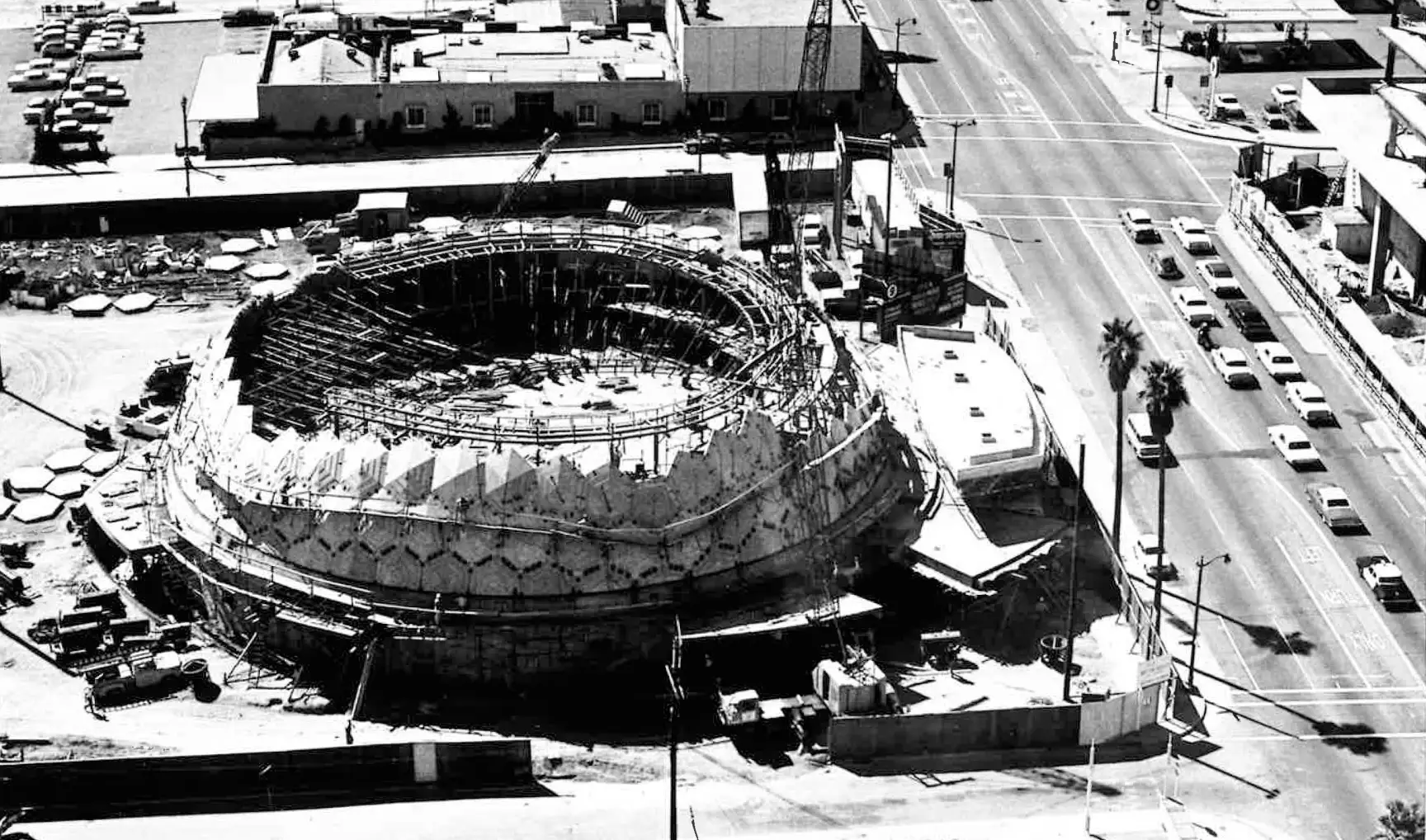 Historic black and white photo of Cinerama building construction near completion