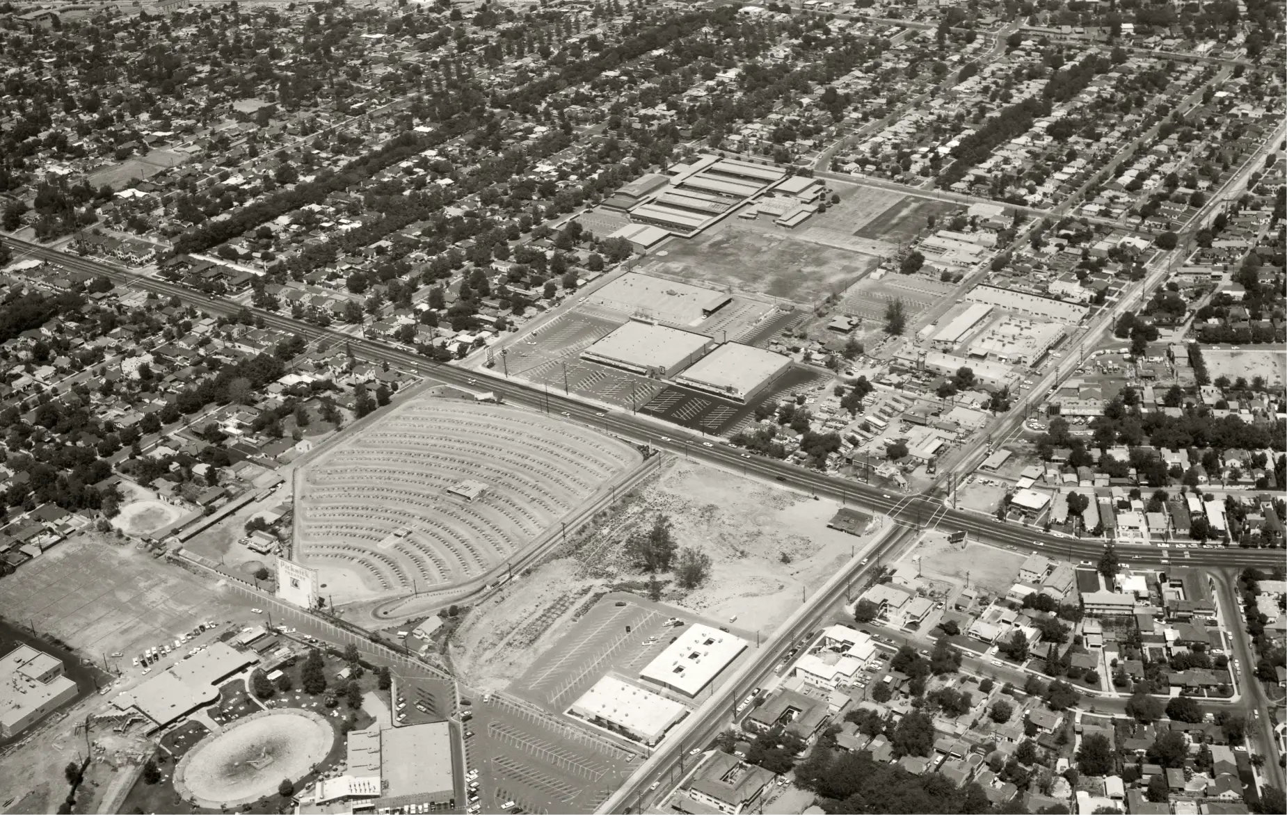 Historical aerial photo of drive-in movie theatre